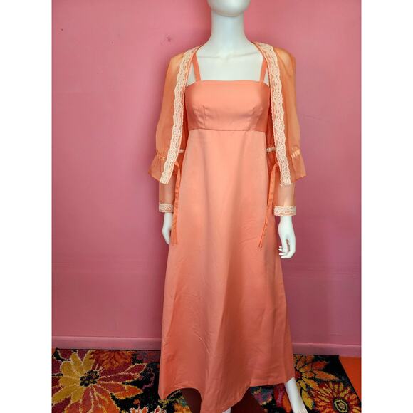 Vintage 1970's Orange 2 Piece Gown with Matching Sheer Organza Lace Bolero - Picture 5 of 10